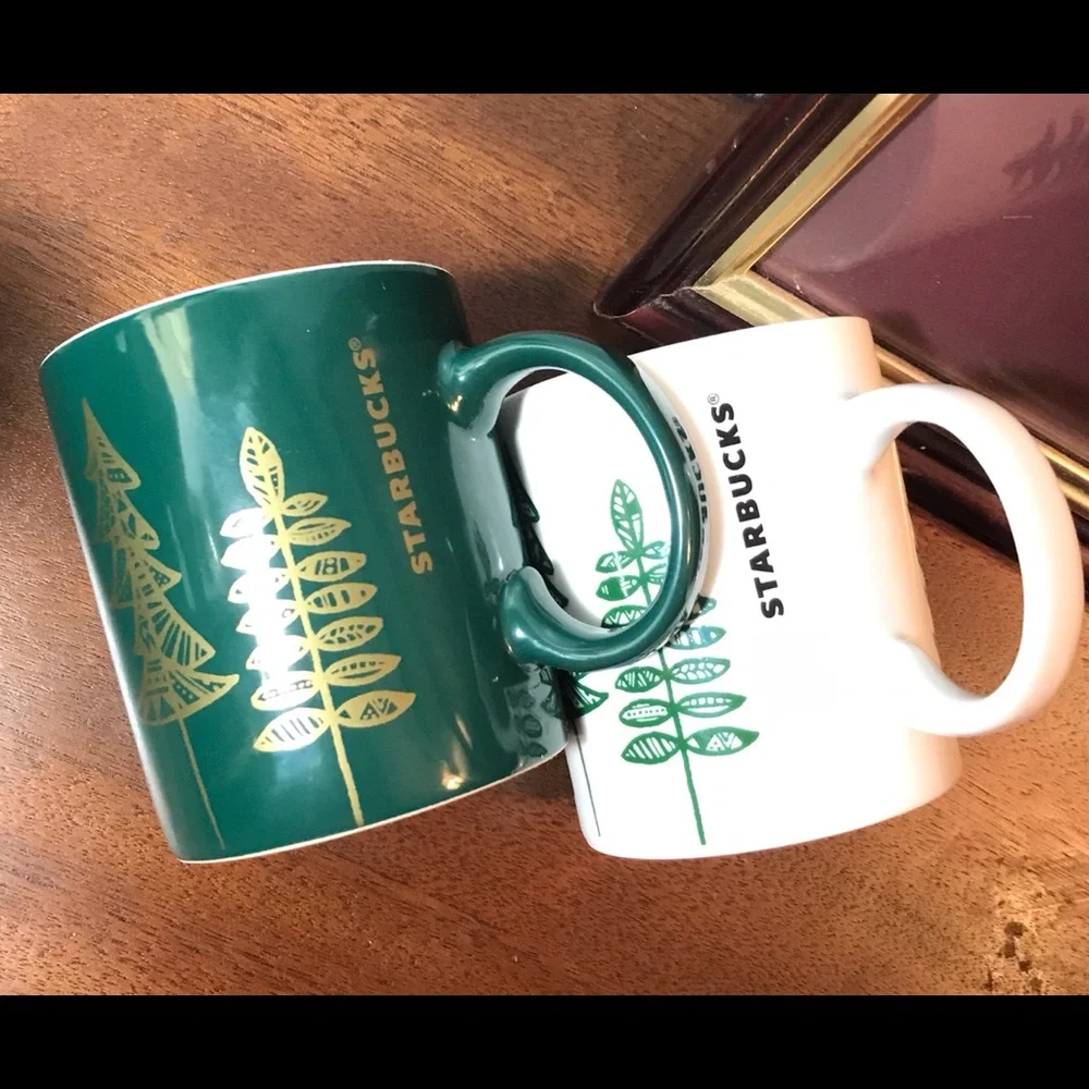Set of Two Starbucks Christmas Mugs Green with Gold Trees White with Green Trees